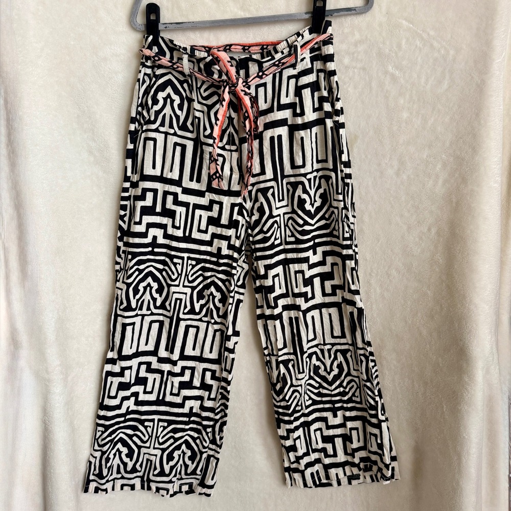 Rachel Zoe Womens Black Cream Geometric Print Wide Leg Linen Pants Sz X Large